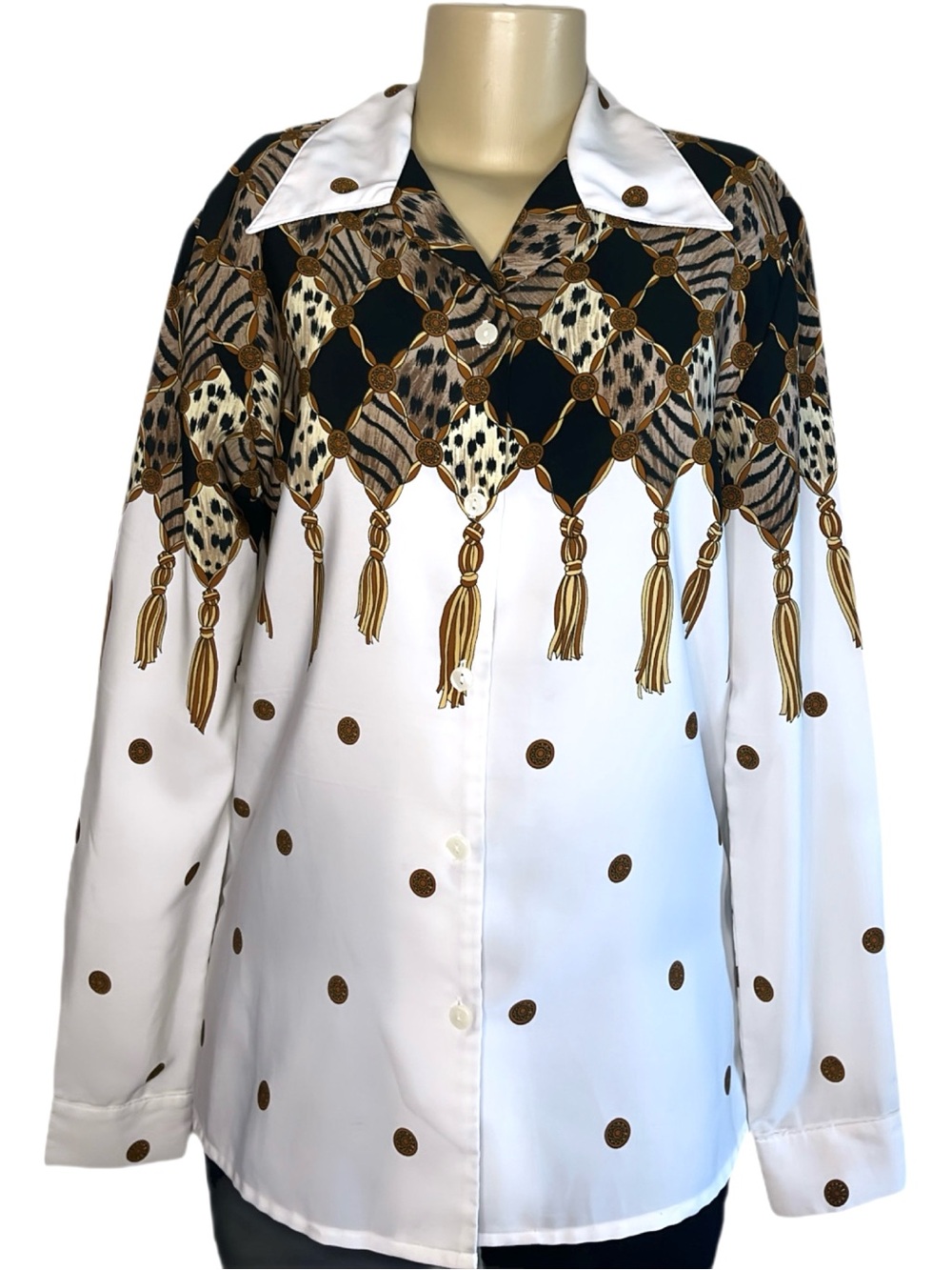 Vintage 80s Animal Print Tassel Blouse